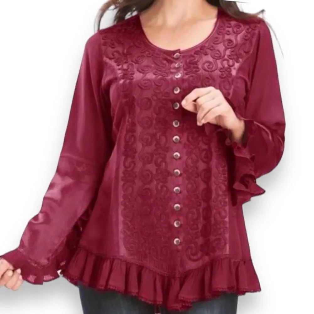 Elegant Burgundy Embroidered Button Down Long Sleeve Ruffle Trim Blouse NEW